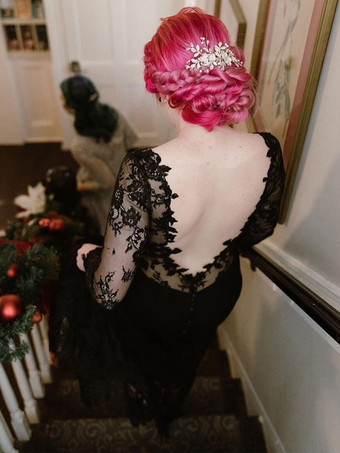 黒のウェディング ドレス レース マーメイド ロング スリーブ ブライダル ガウンとトレーン無料カスタマイズ