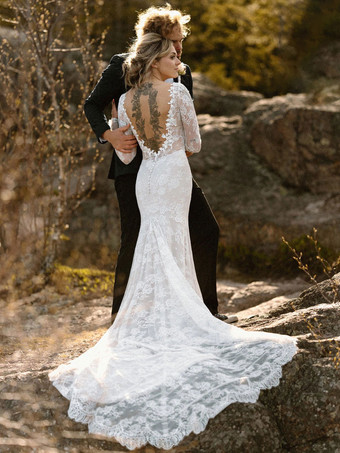 アイボリー黒のウェディング ドレス レース マーメイド ロング スリーブ ブライダル ガウンとトレーン無料カスタマイズ