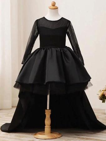 Black Flower Girl Dress Bows Jewel Neck Long Sleeves Kids Birthday Party  Dresses - Milanoo.com