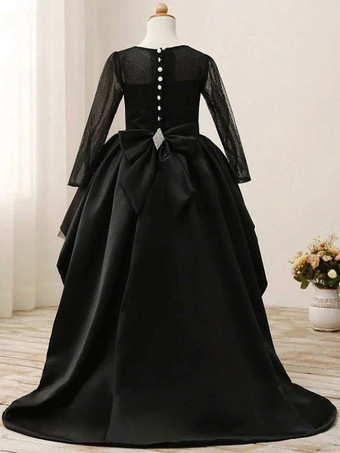 フラワーガールドレスポリエステルボウジュエルネック長袖ブラック