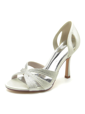 アイボリー 女性のブライダルシューズラインストーンシルクとサテンのぞき見つま先スティレットヒールブライダルシューズ