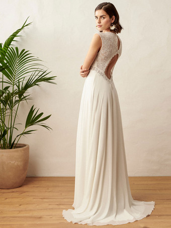 ボヘミアンウェディングドレスシフォンAラインをカットナチュラルウエストバックレスノースリーブVネックアイボリー