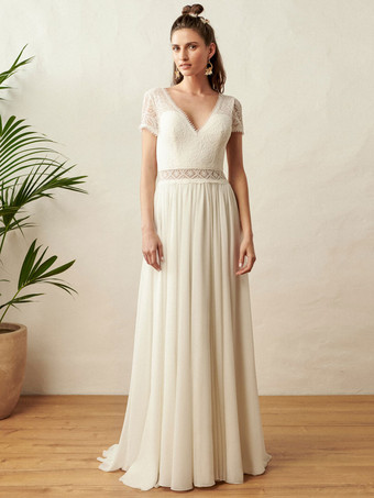 アイボリー自由奔放に生きるウェディングドレスレースは電車でAラインをカットナチュラルウエストバックレス半袖Vネックアイボリー