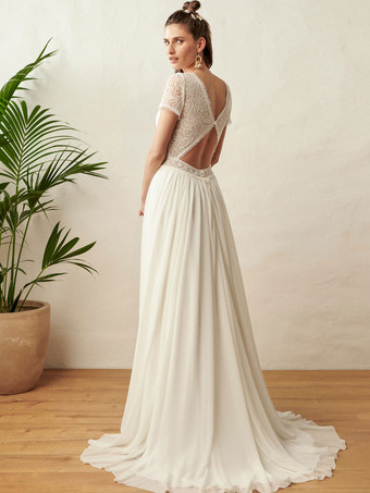 自由奔放に生きるウェディングドレスレースは電車でAラインをカットナチュラルウエストバックレス半袖Vネックアイボリー