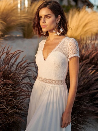 Ivory Boho Wedding Dress Lace Cut Out A-Line Backless Short Sleeves V-Neck Bridal Dress With Train Free Customization