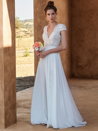 Ivory Boho Wedding Dress Lace Split Front A-Line Backless Short Sleeves V-Neck Bridal Dress With Train Free Customization