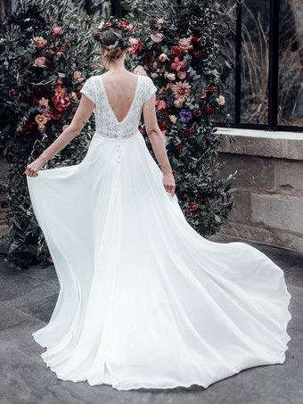 アイボリー ボヘミアン ウェディングドレス レース Aライン バックレス 半袖 Vネック ブライダルドレス トレーン付き 無料カスタマイズ