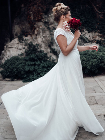 アイボリー ボヘミアン ウェディングドレス レース Aライン バックレス 半袖 Vネック ブライダルドレス トレーン付き 無料カスタマイズ