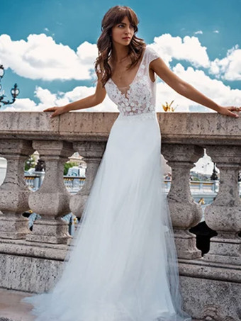 Simple Wedding Dress A-Line V-Neck Short Sleeves Lace Bridal Dresses Free Customization