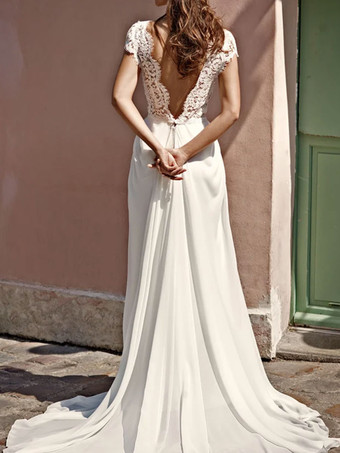 シンプルなウェディングドレスAラインVネック半袖レースブライダルガウン