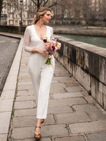 Ivory Bridal Jumpsuit 2024 Lace Ankle-Length A-Line V-Neck Sleeveless  Wedding Jumpsuit - Milanoo.com