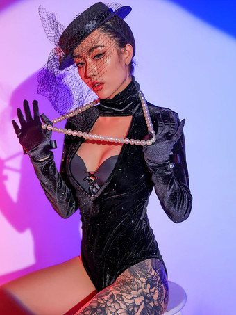 ジャズダンス コスチューム レディースベロアジャンプスーツダンスウェア ブラック