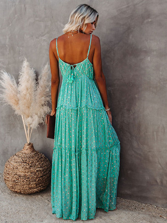 Vネックマキシワンピースノースリーブポリエステルカジュアルフロア丈ワンピース