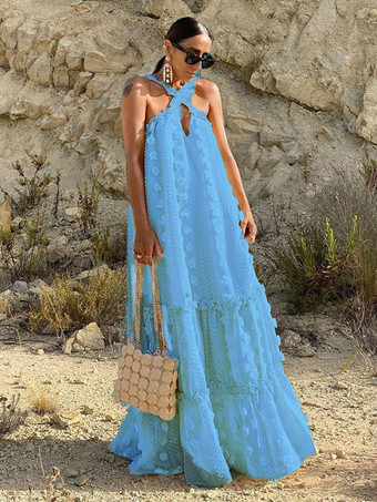 ライトスカイブルーノースリーブマキシドレスポリエステルカジュアル特大床長ドレス