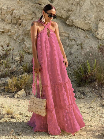 ローズレッドノースリーブマキシドレスポリエステルカジュアル特大床長ドレス