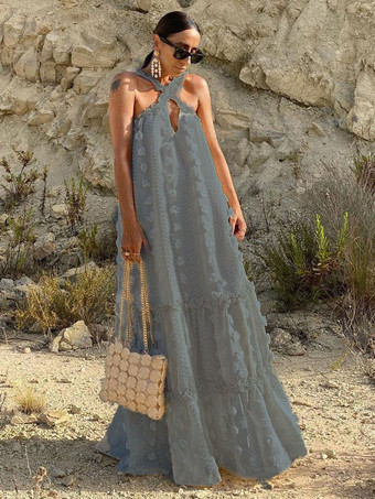 ライトグレー ノースリーブマキシドレスポリエステルカジュアル特大床長ドレス