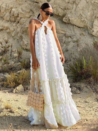 ホワイト ノースリーブマキシドレスポリエステルカジュアル特大床長ドレス