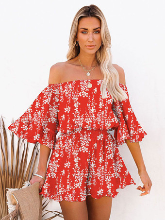 レッド ブルーバトーネックハーフスリーブポリエステルサマーワンピース衣装