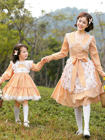 親子の格子縞のロリータオプドレスオレンジフリルレースロリータワンピースドレス