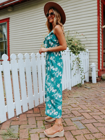 バーガンディ フローラル プリント Vネック ノースリーブ ポリエステル サマー プレイスーツ