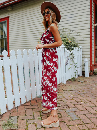 バーガンディ フローラル プリント Vネック ノースリーブ ポリエステル サマー プレイスーツ