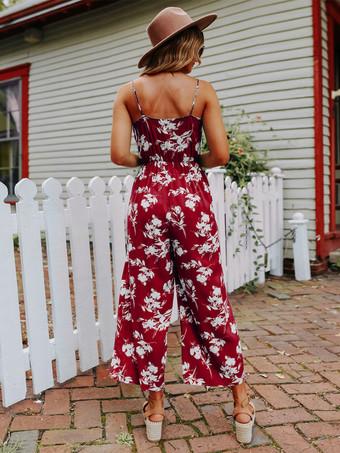 Burgundy Floral Print V-Neck Sleeveless Summer Playsuit - Milanoo.com