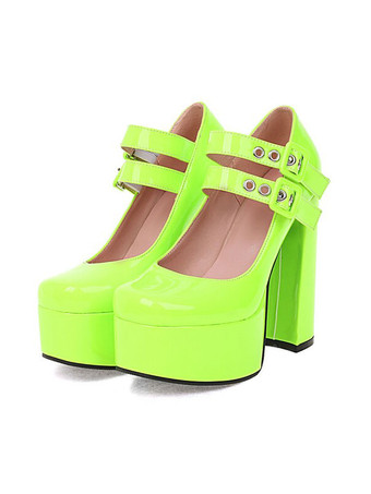 ライトグリーン 女性用ハイヒールプラットフォームパンプスチャンキーヒールPUアッパー