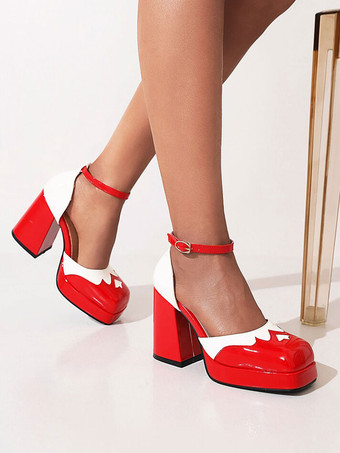 レッド 女性用ハイヒールスクエアトゥパンプスチャンキーヒールPUアッパー
