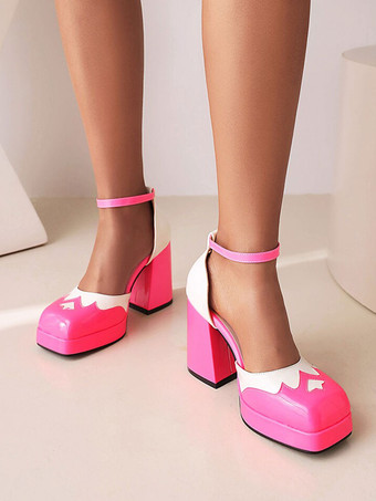 ローズレッド女性用ハイヒールスクエアトゥパンプスチャンキーヒールPUアッパー