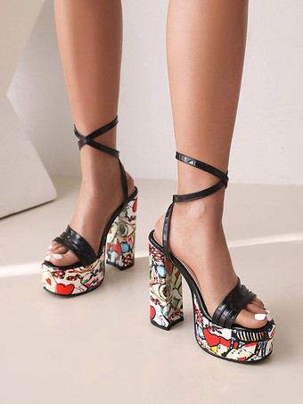 レディースヒールサンダルスクエアトゥチャンキーヒールサンダルPUレザー