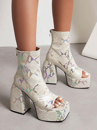 ホワイト 女性の分厚いヒールプラットフォームサマーブーツPUレザーイン