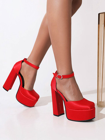 ヒールサンダルスクエアトゥチャンキーヒールサンダルサテン レディース