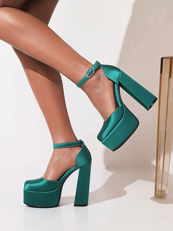 ヒールサンダルスクエアトゥチャンキーヒールサンダルサテン レディース