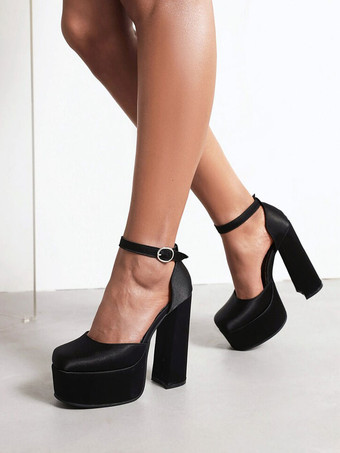 ブラック ヒールサンダルスクエアトゥチャンキーヒールサンダルサテン レディース