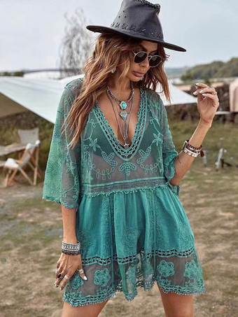 グリーン 女性用カバーアップ イエロー 3/4丈スリーブ サマービーチ水着