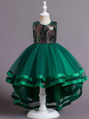 フラワーガールドレスポリエステルコットンスパンコールジュエルネックノースリーブグリーン