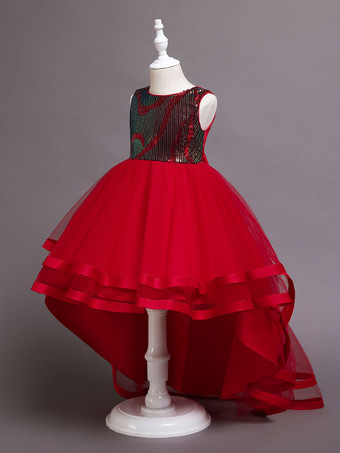 レッド フラワーガールドレスポリエステルコットンスパンコールジュエルネックノースリーブグリーン