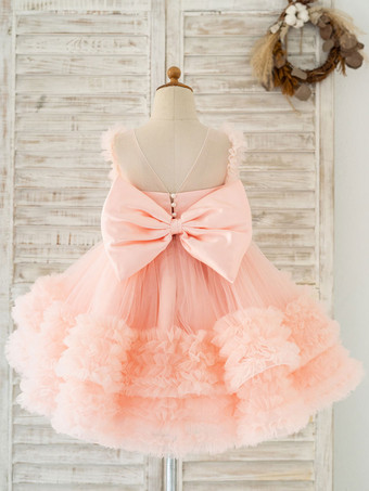 フラワーガールドレスチュールパールジュエルネックノースリーブピンク