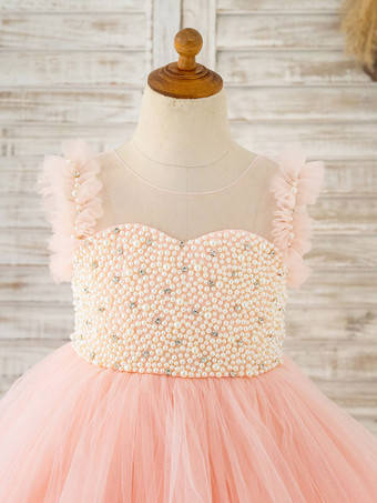 フラワーガールドレスチュールパールジュエルネックノースリーブピンク