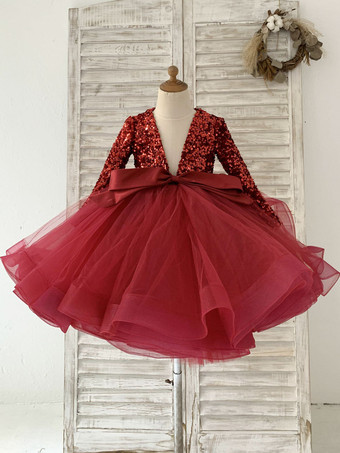 Цветочница Платье Тюль Луки V-образным вырезом Длинные рукава Бургундия