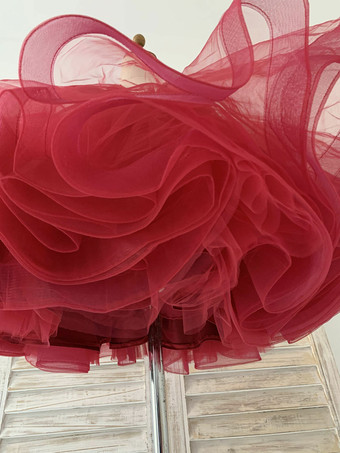 フラワーガールドレスチュールボウVネック長袖ブルゴーニュ