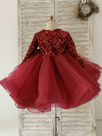 フラワーガールドレスチュールボウVネック長袖ブルゴーニュ