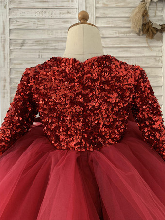 フラワーガールドレスチュールボウVネック長袖ブルゴーニュ