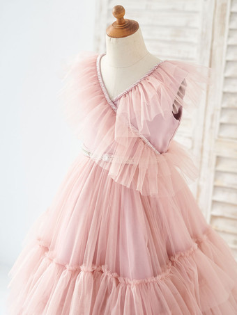 フラワーガールドレスチュールビーズVネックノースリーブロータスピンク
