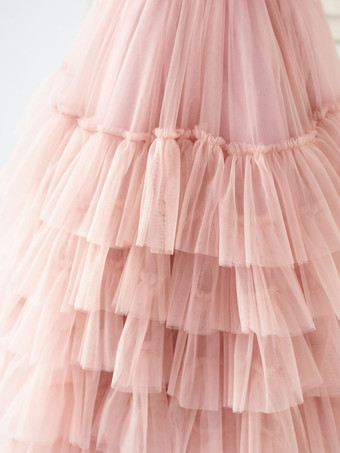 フラワーガールドレスチュールビーズVネックノースリーブロータスピンク