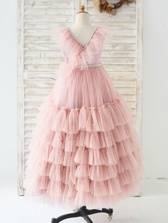 フラワーガールドレスチュールビーズVネックノースリーブロータスピンク