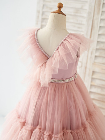 フラワーガールドレスチュールビーズVネックノースリーブロータスピンク