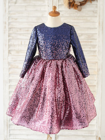 フラワーガールドレススパンコールボウジュエルネック長袖ピンク