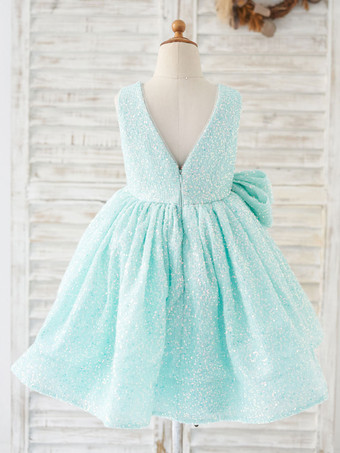 フラワーガールドレススパンコールボウジュエルネックノースリーブミントグリーン