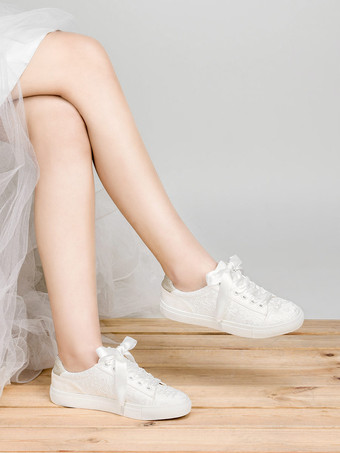 女性のブライダル スニーカー シューズ レース ラウンド トゥ フラット ウェディング シューズ